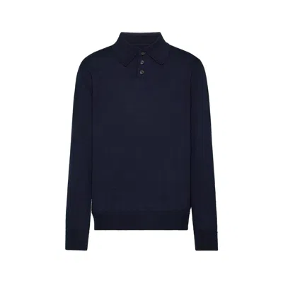 Maison Margiela Elbow Patch Wool Polo Man Dark Blue In Black