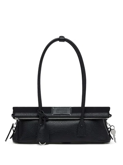 Maison Margiela Embossed Grained Leather Handbag With Round Handles And Removable Strap In Nero