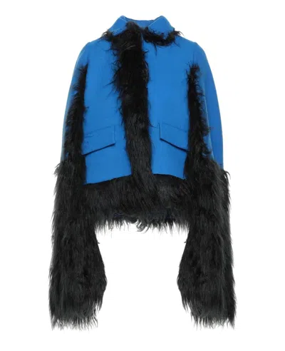 Maison Margiela Faux Fur Trimmed Cape Jacket Women In Blue