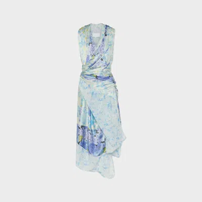 Maison Margiela Light Blue Floral Silk Wrap Midi Dress