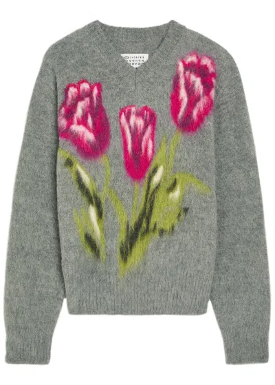 Maison Margiela Floral Intarsia-knit Brushed Wool-blend Sweater In Gray