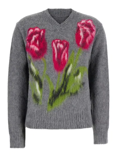 Maison Margiela Floral-intarsia Wool-alpaca Blend Sweater In Gray