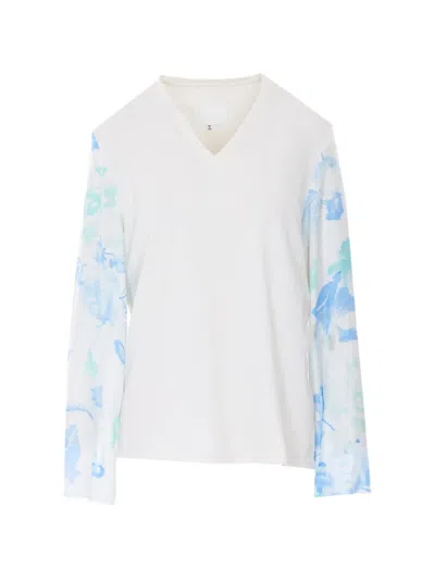Maison Margiela Floral-sleeve V-neck T-shirt In White