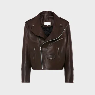 Maison Margiela Folded Collar Leather Biker Jacket Man Brown In Multi