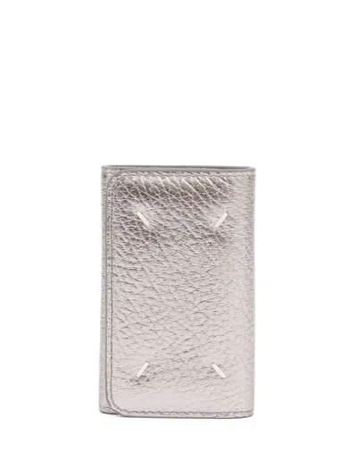 Maison Margiela Four-stitch Leather Keychain Wallet In Silver