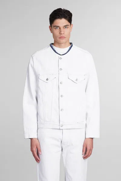 Maison Margiela Bianchetto Hand-painted Collarless Denim Jacket In White Crackle