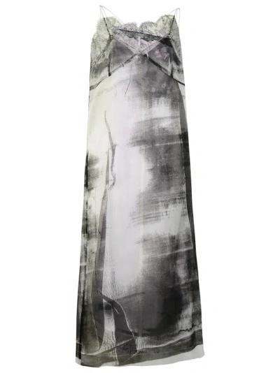 Maison Margiela Lace Trim Abstract-print Midi Slip Dress In Grey