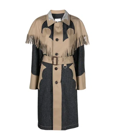 MAISON MARGIELA MAISON MARGIELA FRINGED PANELLED BELTED SINGLE-BREASTED COAT