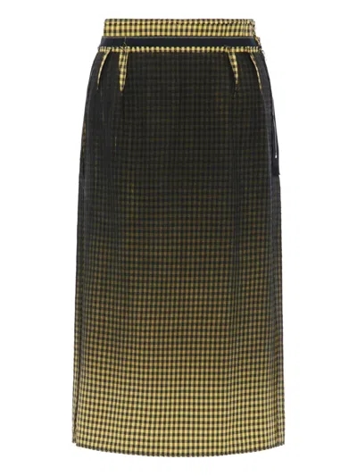 Maison Margiela High Waist Checked Midi Skirt Knot Detail In Green