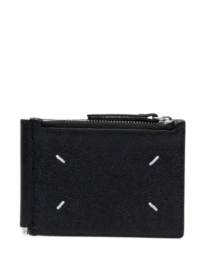 Maison Margiela Textured Leather Card Wallet With Zip Compartment And Signature Stitching In Black