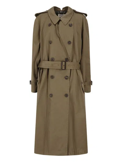Maison Margiela Green Double-breasted Folded Collar Cotton Trench Coat In Brown