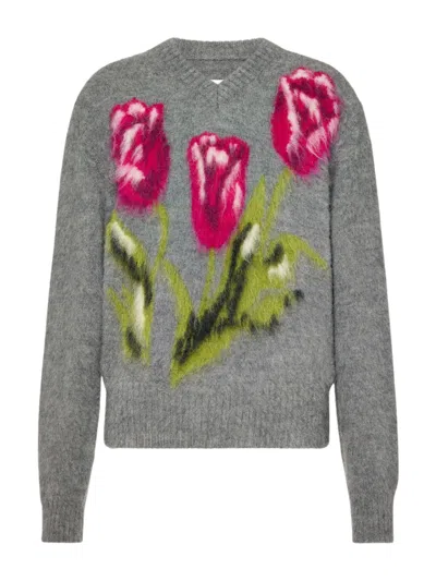 Maison Margiela Grey Relaxed Fit Artistic Floral Wool Sweater In Gray