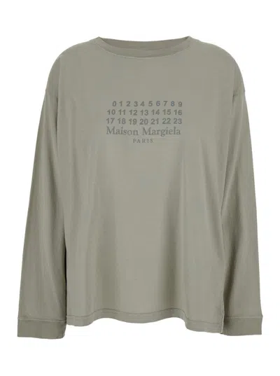 MAISON MARGIELA GREY T-SHIRT WITH CREWNECK AND LONG SLEEVES AND PRINTED LOGO ON THE FRONT