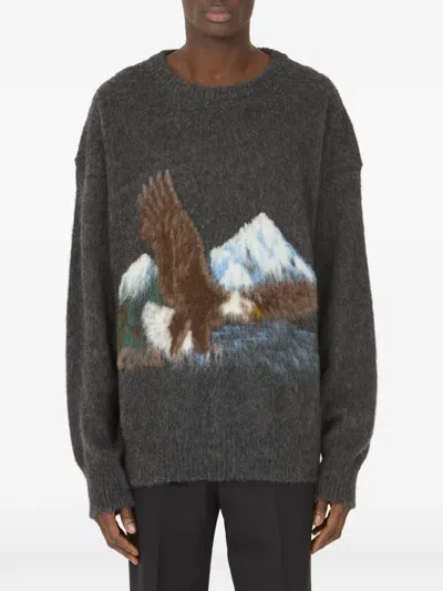 Maison Margiela Intarsia Knit Sweater With Eagle Design And Four Stitches In Gray