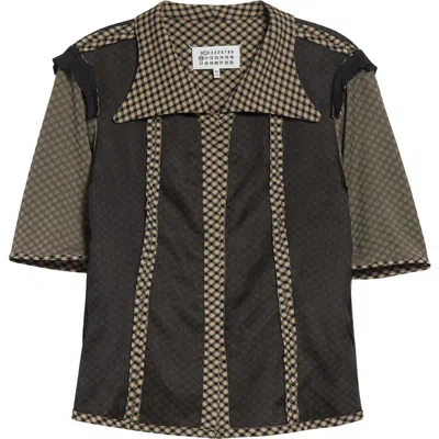 Maison Margiela Jacquard Silk Organza Mixed Media Short Sleeve Button-up Shirt In Black