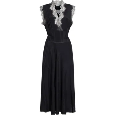Maison Margiela Lace Trim Satin Midi Dress In Black