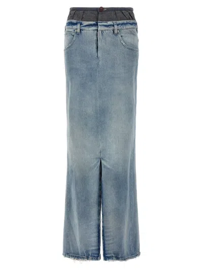 Maison Margiela Layered Denim Maxi Skirt With Front In Blue
