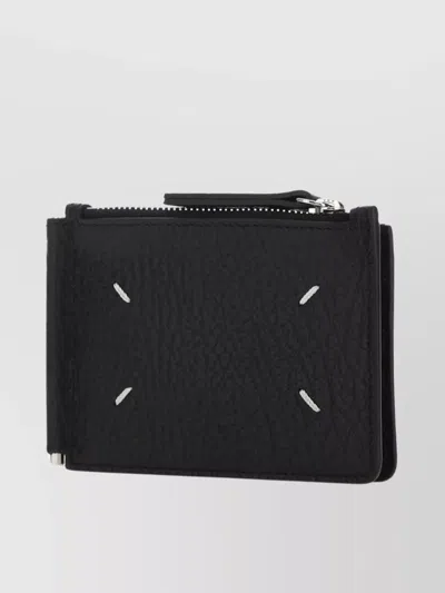 Maison Margiela Leather Card Holder With Textured Finish And Zippered Compartment In Black