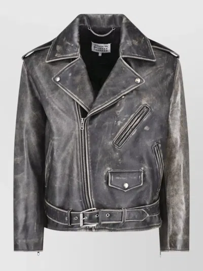 Maison Margiela Distressed Black Suede Biker Jacket With Asymmetrical Zip Closure In Multi