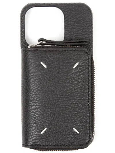 Maison Margiela Logo-embroidered Leather Phone Case In Black