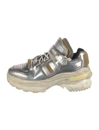 Pre-owned Maison Margiela Leather Printed Chunky Sneakers In Metallic/silver
