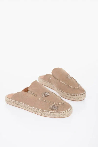 Maison Margiela Leather Slides With Stitching Detail And Espadrillas Soles In Brown