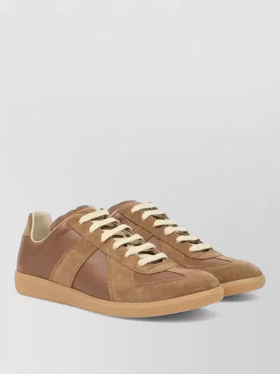 Maison Margiela Leather Sneakers Contrast Stitching Rubber Sole In Brown