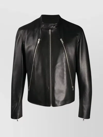 Maison Margiela Leather Zippered Pockets Mock Neck Jacket In Multi