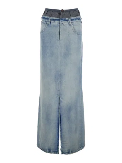 Maison Margiela Light Blue Long Skirt With Front Slit And Five Pocket Design In Denim Woman
