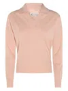 Maison Margiela Light Pink Wool Polo Shirt With Open Collar And Ribbed Edges In Burgundy