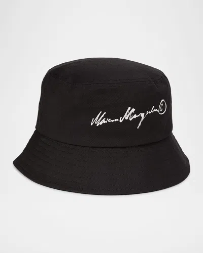 Maison Margiela Logo Cotton Bucket Hat In Black-ecru