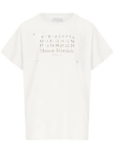 Maison Margiela Beige T-shirt With Faded Logo Printed On The Front In Cotton Woman