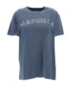 Maison Margiela Blue Crewneck T-shirt With Logo Lettering Print In Cotton Woman In Blue