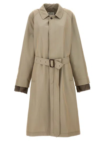 Maison Margiela Grey Layered Trench Coat With Belt In Beige
