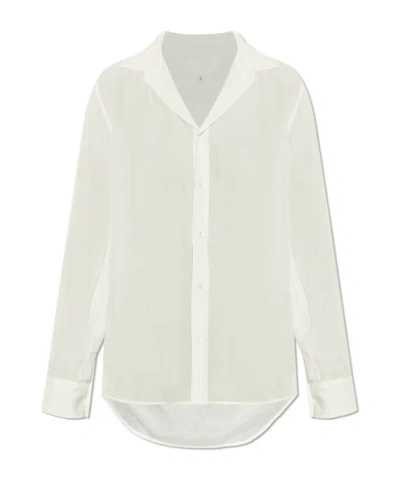 Maison Margiela Button-down V-neck Silk Shirt In White