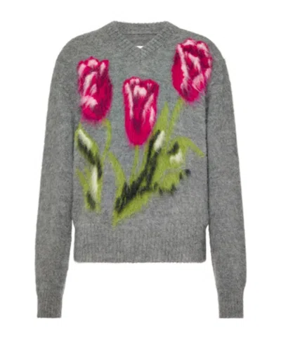 Maison Margiela Floral-motif V-neck Sweater In Gray