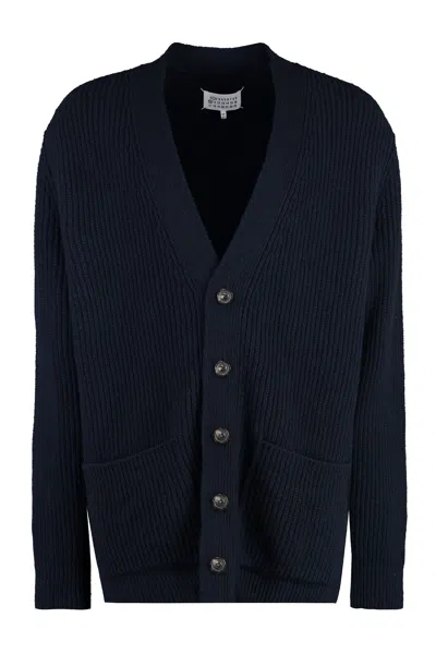Maison Margiela Luxurious Blue Ribbed Wool And Cashmere Cardigan For Men
