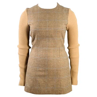 Pre-owned Maison Margiela Maison Martin Margiela Size L Camel Wool Houndstooth Long Sleeve Mini Dress In Brown