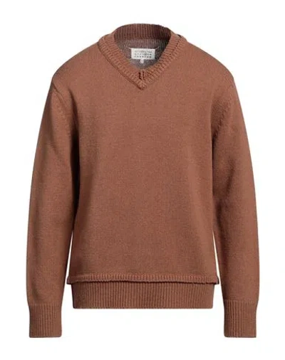 Maison Margiela Man Sweater Camel Size L Wool, Linen, Cotton, Calfskin In Beige