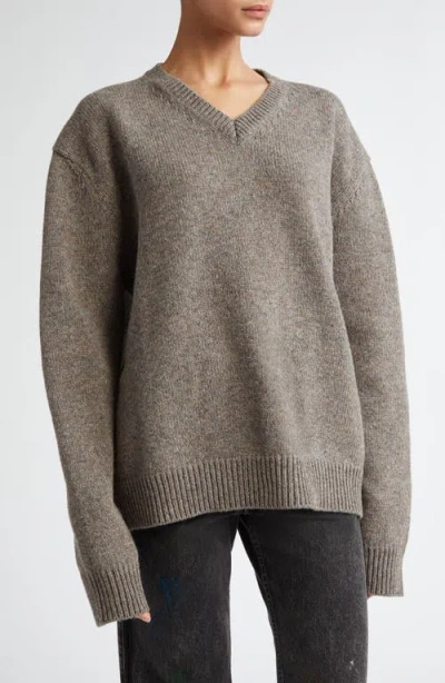 Maison Margiela Marled Wool V-neck Sweater In Grey/brown