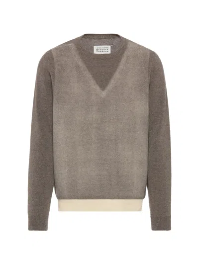 Maison Margiela Virgin Wool Crewneck Sweater In Fused Knit In Brown