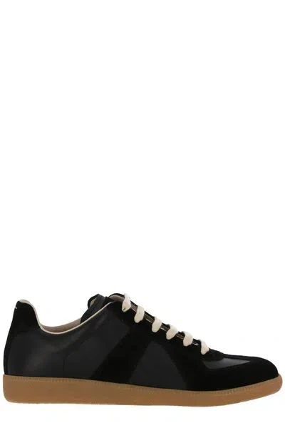 Maison Margiela Men's Black Leather Sneakers With Suede Inserts And Signature Stitch