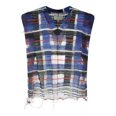 Maison Margiela Men's Blue Distressed Checked Tank Top