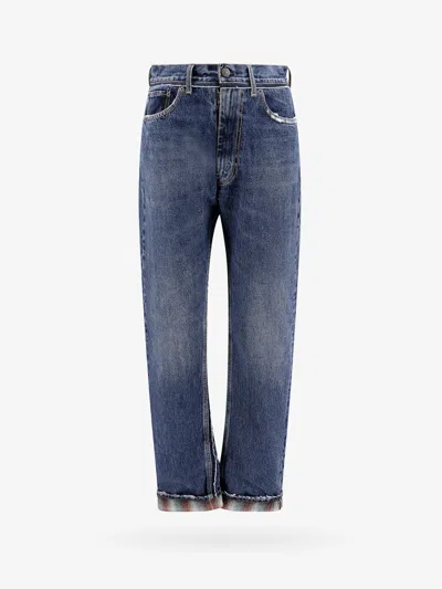 Maison Margiela Men Cotton Jeans With Wool Madras Details In Blue