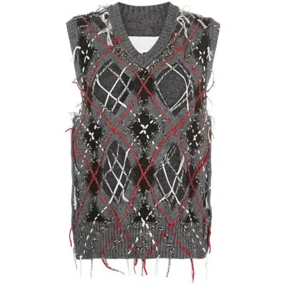 Maison Margiela Men's Grey / Dark Green / Walnut Cut-out Intarsia-knit Vest In Grey/green
