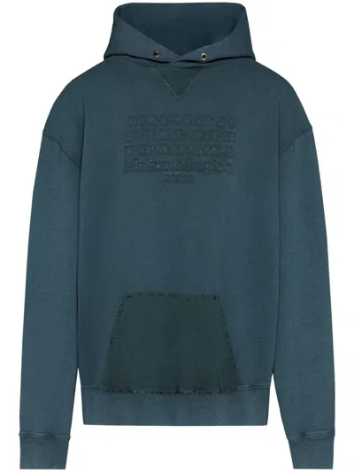 Maison Margiela Men's Teal Blue Cotton Hoodie With Signature Logo And Pouch Pocket In Navy