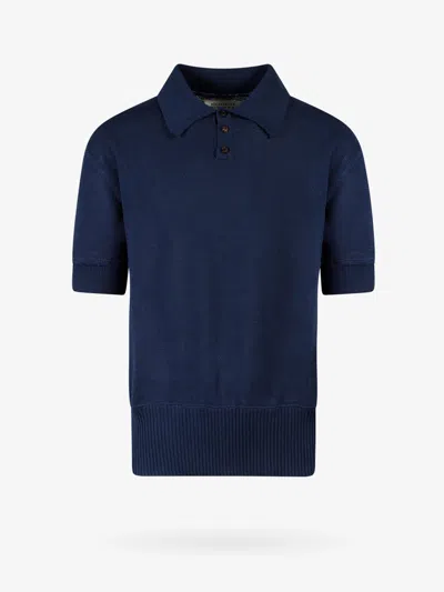 Maison Margiela Men Wool Blend Polo Shirt With Iconic Back Stitching In Blue