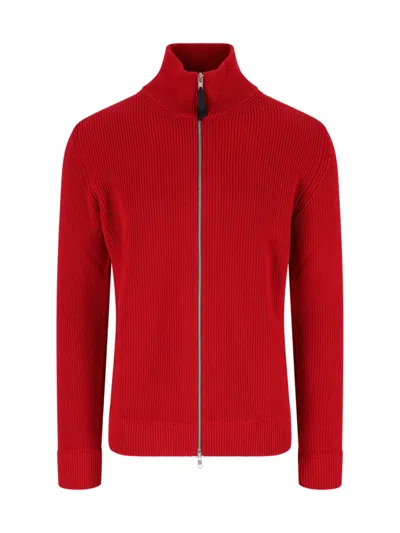 Maison Margiela Ribbed Knit Zip Cardigan With High Collar And Four-stitch Detail In Red
