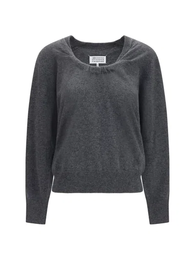 Maison Margiela Merino Wool With Gathered Neckline Sweater In Gray