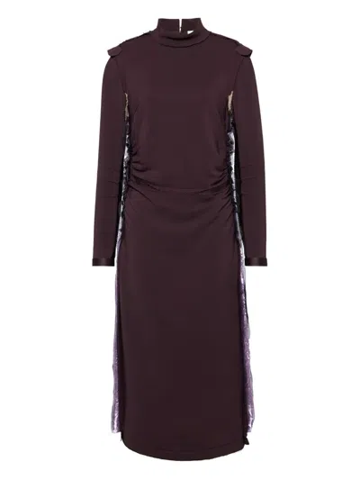 Maison Margiela High Neck Layered Midi Dress With Long Sleeves In Brown